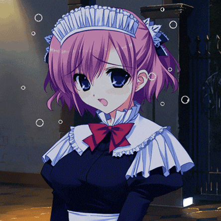 a girl with pink hair is wearing a maid outfit with a red bow