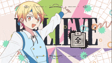 a cartoon character is standing in front of a sign that says believe