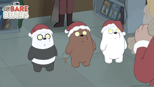three cartoon bears wearing santa hats with cn we bare bears written above them
