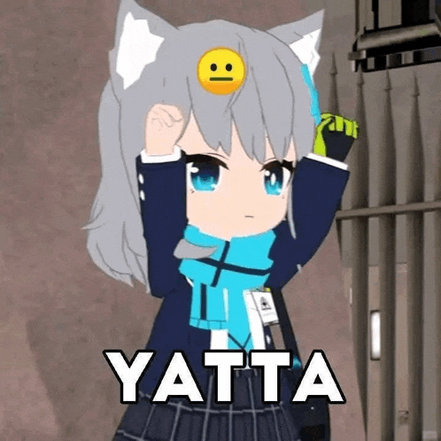 a cartoon girl with a cat ear and a smiley face on her head is standing in front of a building .