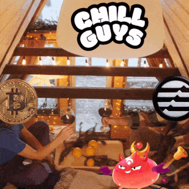 a couple sitting in a tent with a chill guys logo