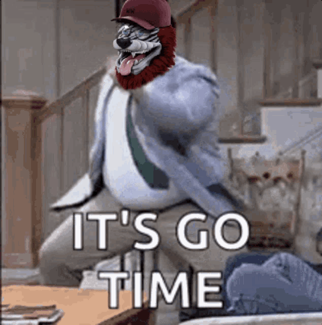 a picture of a cartoon character with the words it 's go time on it