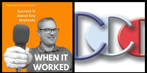a picture of a man holding a microphone next to a picture of a logo that says success is about key moments