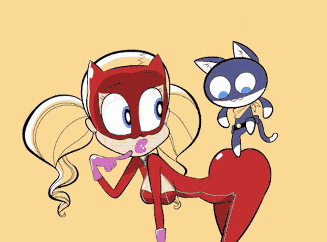 a cartoon drawing of a woman in a red superhero costume and a cat