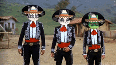 three men dressed in suits and sombrero hats are standing in a line
