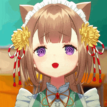 a close up of a girl 's face with purple eyes and flowers in her hair