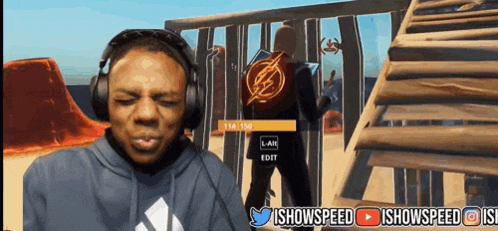 a man wearing headphones is playing a video game with the words ishowspeed on the bottom