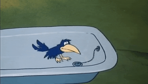 a cartoon crow is sitting in a bathtub with a drain .