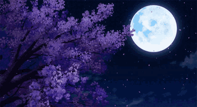 a tree with purple flowers and a full moon in the sky