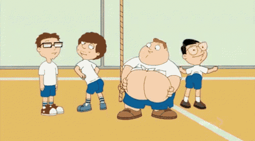 a group of cartoon characters are playing tug of war and one of them has a large belly