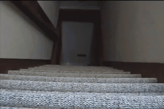 a carpeted staircase leading up to a dark room
