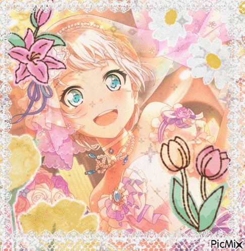 a picture of a girl in a wedding dress with flowers and picmix in the corner