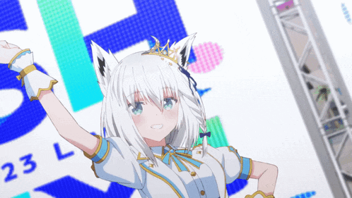 a girl with white hair and a crown on her head stands in front of a sign that says 23l