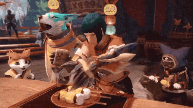a video game scene with a dog and a cat holding a plate of food