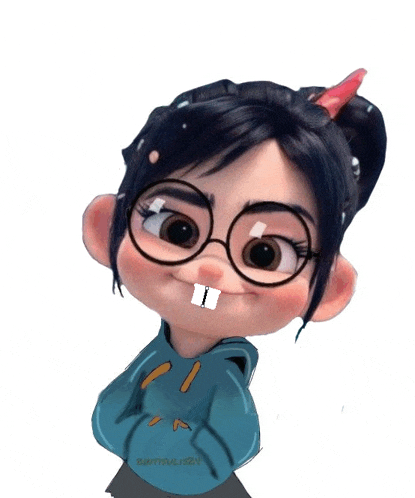 a cartoon girl with glasses and a blue sweatshirt that says ' vanellope from wreck-it-ralph ' on it