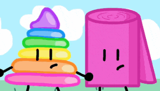 a cartoon drawing of a rainbow stack and a pink roll of paper