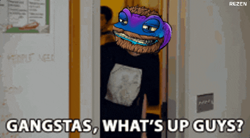 a cartoon character says gangstas what 's up guys in a doorway