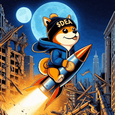 a cartoon dog wearing a hat that says $ dea is flying on a rocket