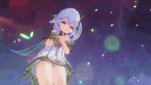 a girl in a white dress is standing in a dark room with a purple sky in the background .
