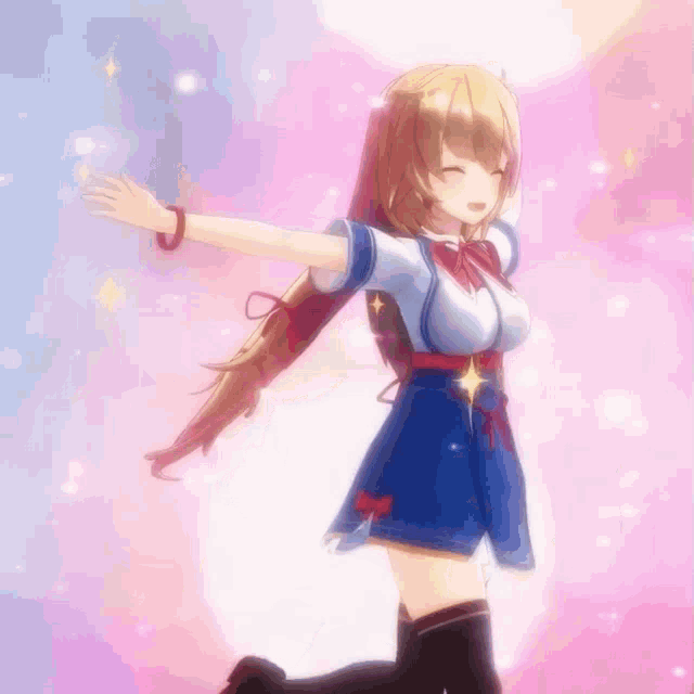 a girl in a blue and white dress is standing with her arms outstretched .