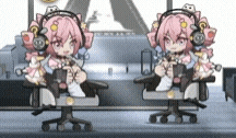 two cartoon characters are sitting in chairs in a room .