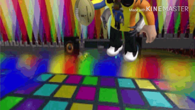 a cartoon character is dancing on a colorful dance floor in a video game .