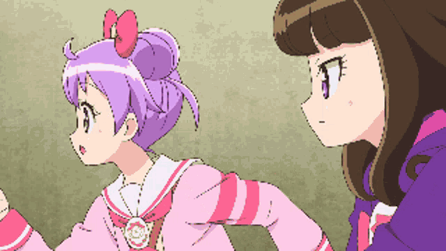 a pixel art of a girl with purple hair standing next to another girl