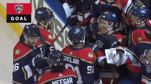 a group of hockey players celebrate a goal with a goal banner in the background