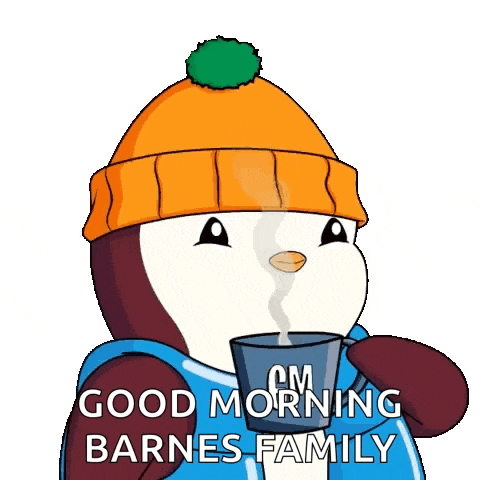a penguin wearing a hat and holding a cup of coffee says good morning barnes family .