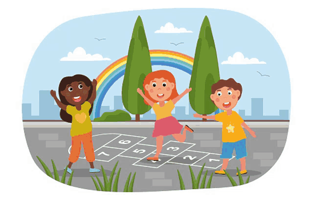 a boy and two girls are playing hopscotch on the sidewalk with a rainbow in the background