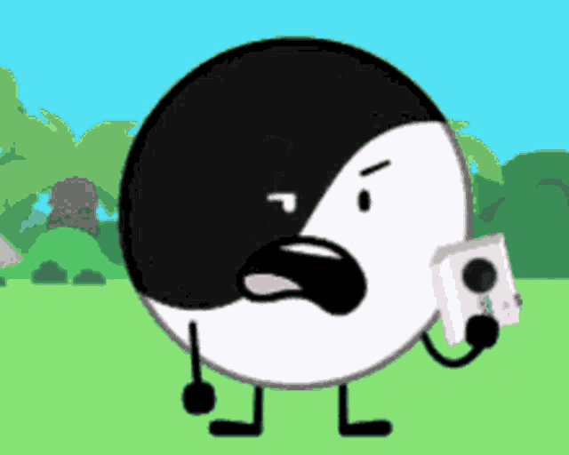 a black and white cartoon character with arms and legs is holding a camera