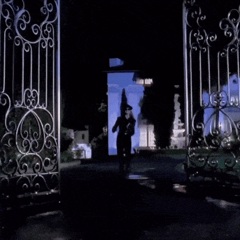 a woman wearing sunglasses and a leather jacket is standing in front of a wrought iron gate .