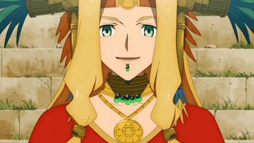 a woman wearing a red dress and a gold necklace with a coin on her chest