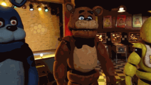 a group of stuffed animals are standing in a room and one of them is a teddy bear