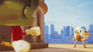 a cartoon character is standing in front of a building with a city skyline in the background