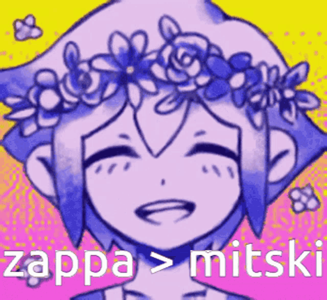a drawing of a girl with a flower crown on her head and the words zappa > mitski below her