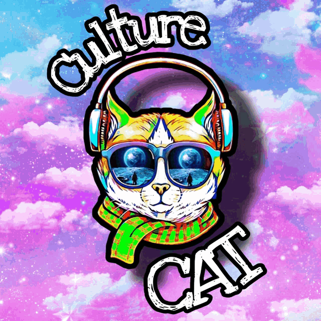 a cat wearing headphones and sunglasses with the words culture cat written below it