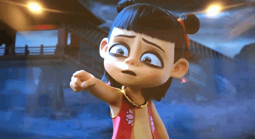a cartoon girl is standing in front of a bridge pointing at the camera .