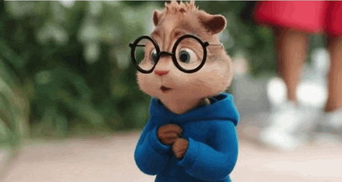 a cartoon chipmunk wearing glasses and a blue sweatshirt .
