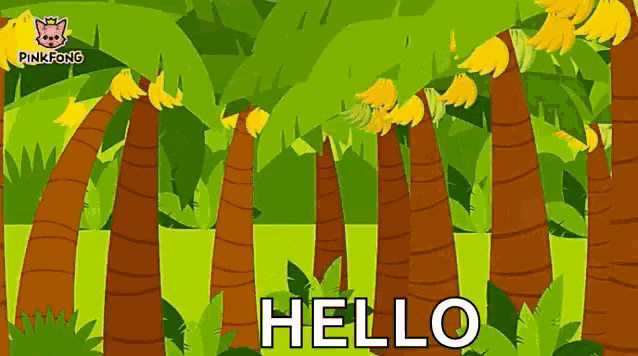 a cartoon of a jungle with trees and bananas and the words hello