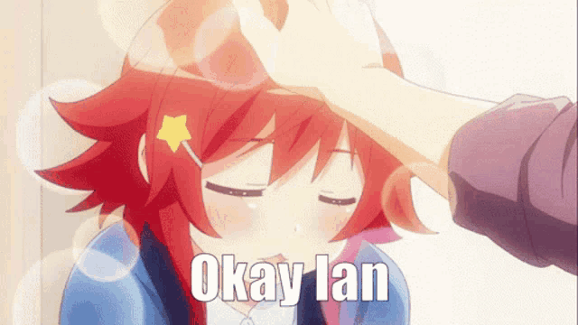 a person touching a girl 's forehead with the words okay lan written below it
