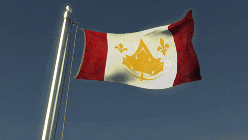 a canadian flag with a yellow maple leaf and fleur de lis on it