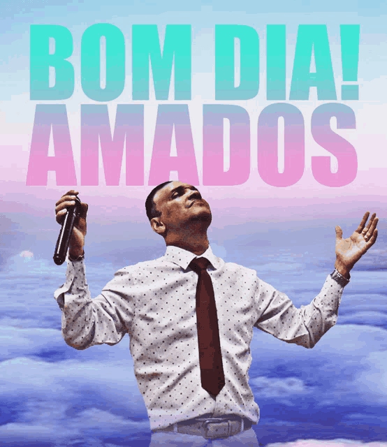 a man singing into a microphone with the words bom dia amados written above him