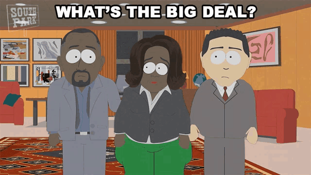 a poster for south park shows three characters standing in a room