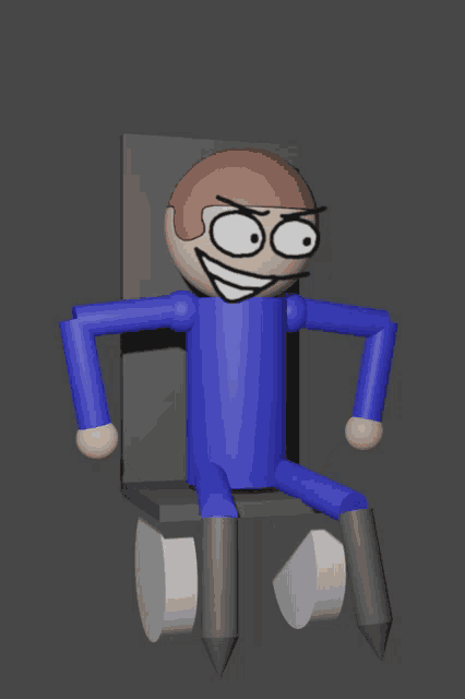 a cartoon character is sitting in a chair with his hands on his hips and a big smile on his face