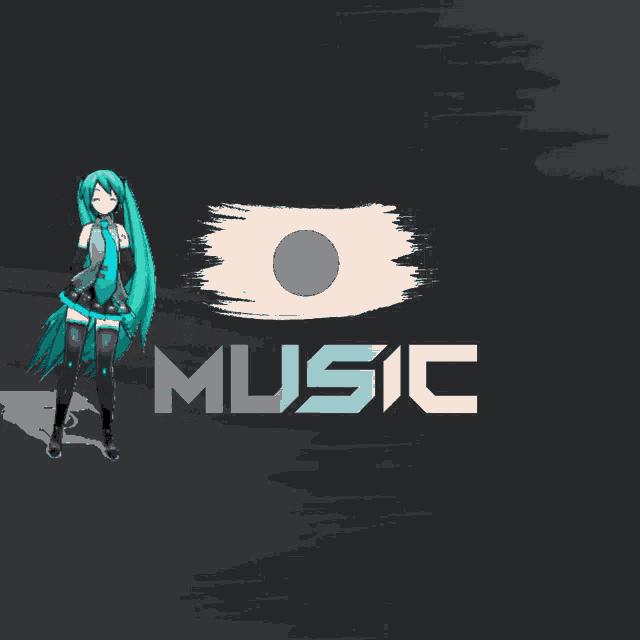 a girl with long green hair is standing in front of a music logo
