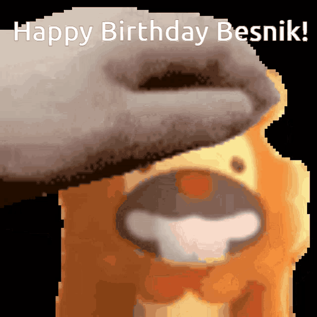 a pixelated image of a cartoon character with the words happy birthday besnik below it