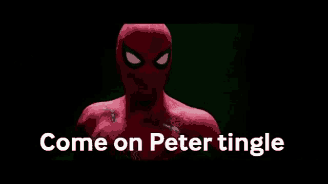 a close up of a spider man costume with the words `` come on peter tingle '' .