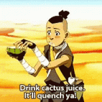 a cartoon character is holding a bowl of cactus juice and says drink cactus juice .