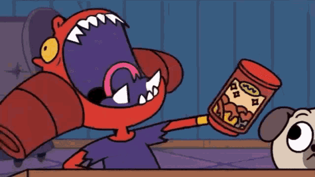 a cartoon character is holding a can of beans in his mouth